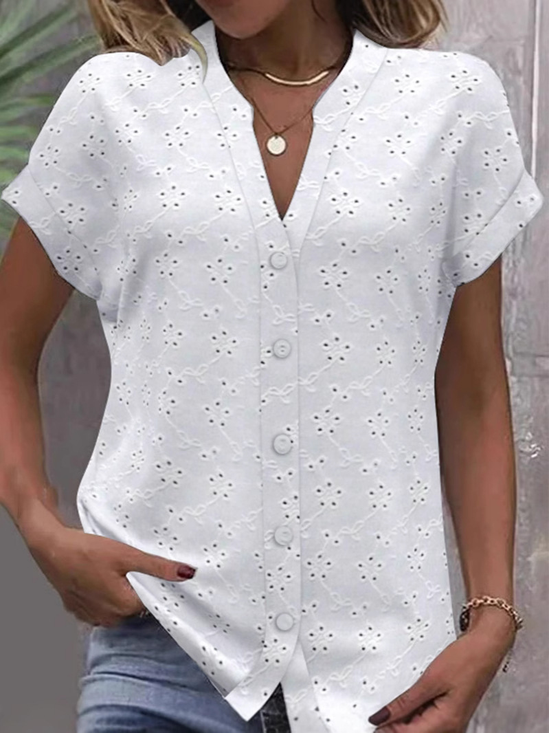 Lace Floral Short Sleeve Shawl Collar Button Casual Shirt