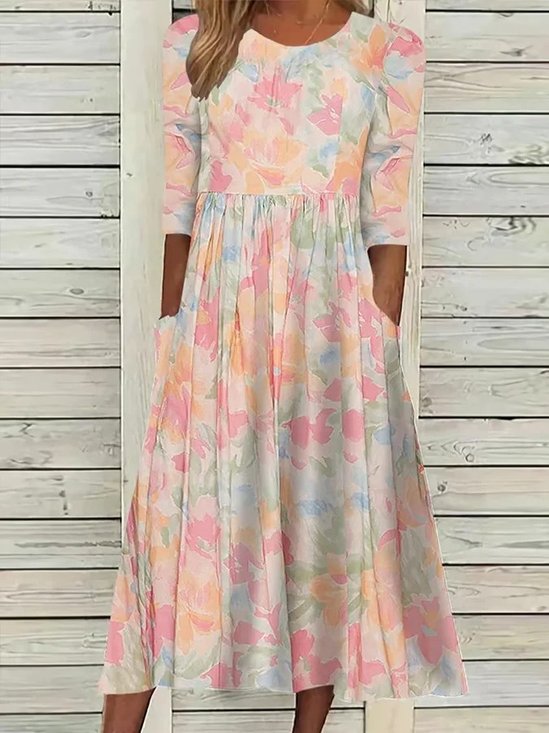 Floral Casual Crew Neck Loose Dress With No