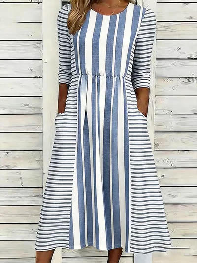 Crew Neck Loose Striped Casual Dress With No