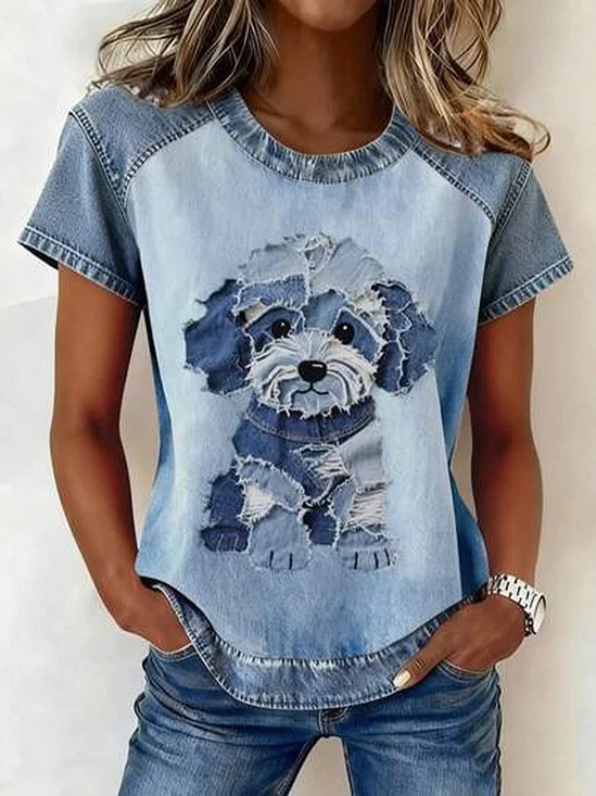 Women's Denim Patchwork Short Sleeve T-shirt Summer Blue Dog Printing Crew Neck Daily Going Out Vintage Top