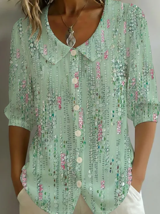 Women's Half Sleeve Shirt Summer Green Abstract Printing Shawl Collar Daily Going Out Casual Top