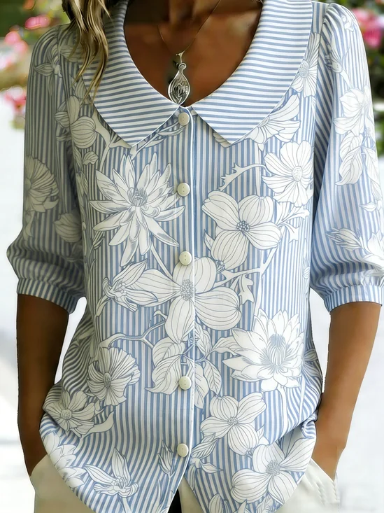 3D Printing Linen Blend Blue Stripe Floral Shawl Collar Button Loose Casual Shirt
