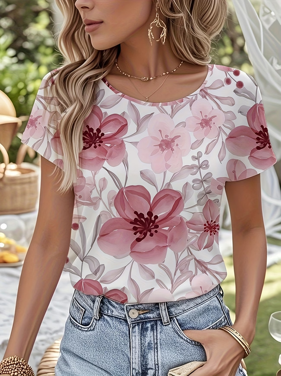 Women's Short Sleeve T-shirt Summer Pink Floral Printing Jersey Crew Neck Daily Going Out Casual Top