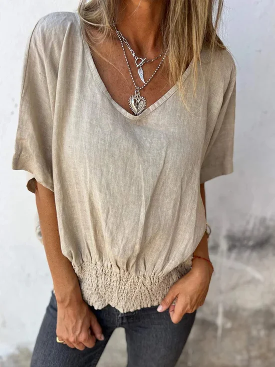 Cotton And Linen Casual Plain V Neck Blouse