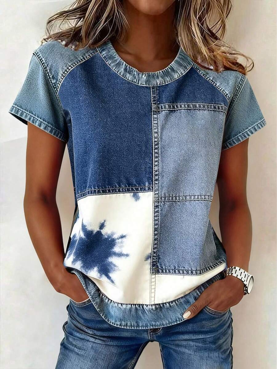 Women's Denim Patchwork Short Sleeve T-shirt Summer Blue Faux Denim Print Graphic Printing Crew Neck Daily Going Out Vintage Top