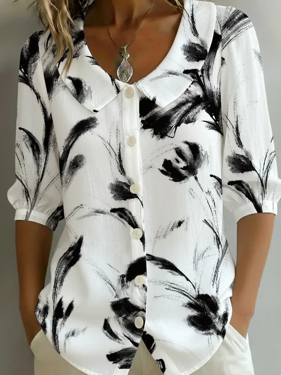 Women's Half Sleeve Shirt Summer White Abstract Printing Shawl Collar Daily Going Out Casual Top