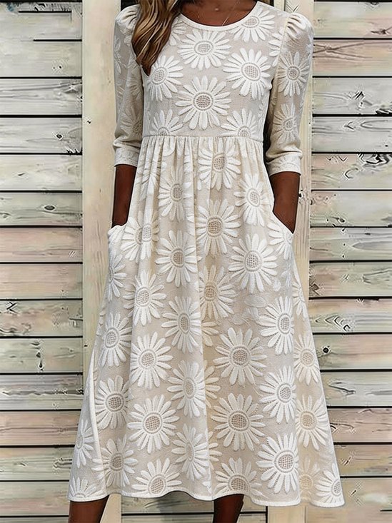 Crew Neck Vintage Floral Loose Dress With No