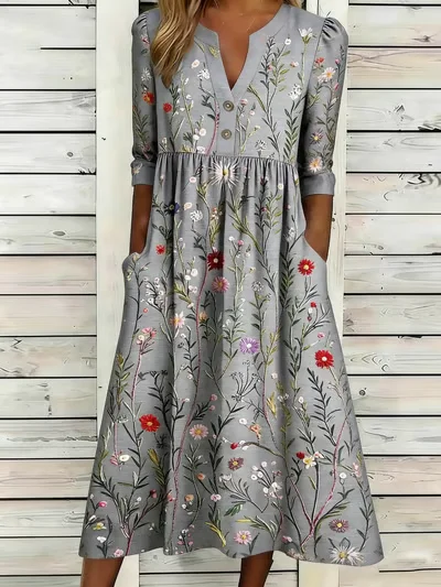 Vintage Loose Botanical Pattern Half Open Collar Dress With No