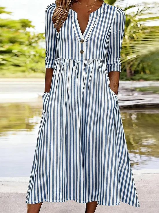 Half Open Collar Striped Casual Dress With No