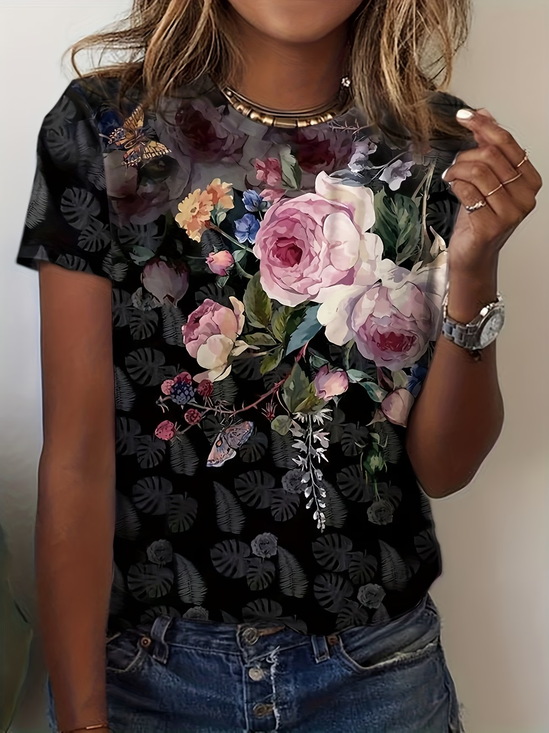 Women's Short Sleeve T-shirt Summer Black Floral Printing Jersey Crew Neck Daily Going Out Casual Top