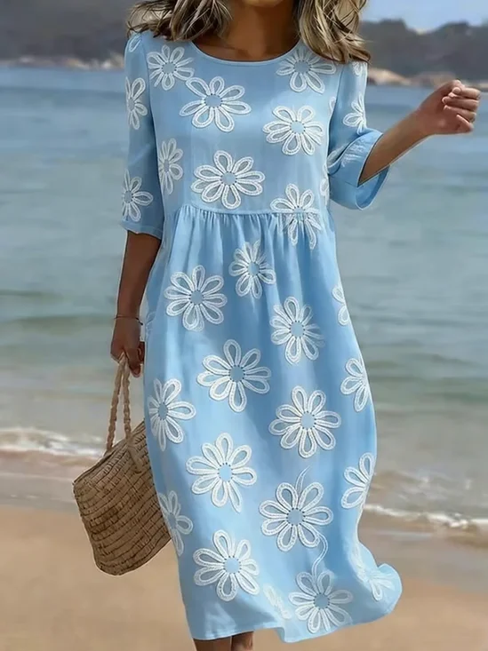 Crew Neck Elegant Floral Dress With No