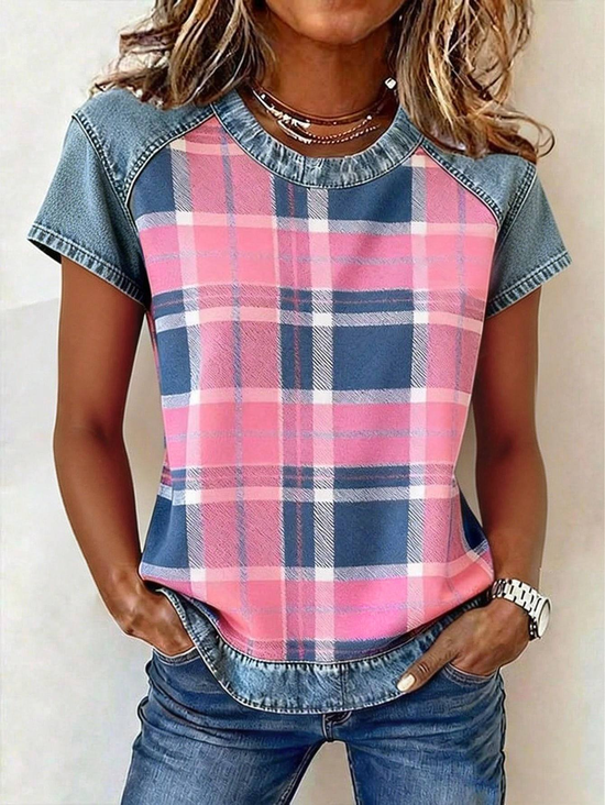 Women's Denim Patchwork Short Sleeve T-shirt Summer Pink Plaid Printing Crew Neck Daily Going Out Vintage Top