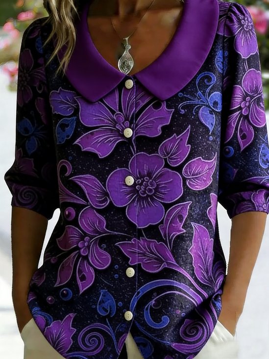 3D Printing Linen Blend Purple Floral Shawl Collar Button Loose Casual Shirt