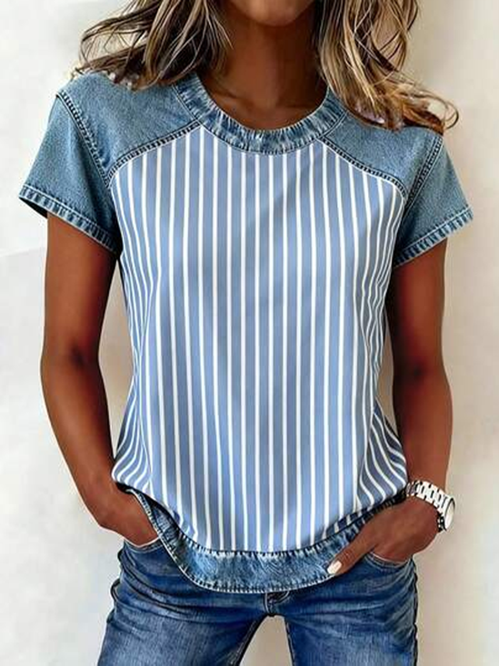 Women's Short Sleeve T-shirt Summer Blue Striped Printing Crew Neck Daily Going Out Vintage Top