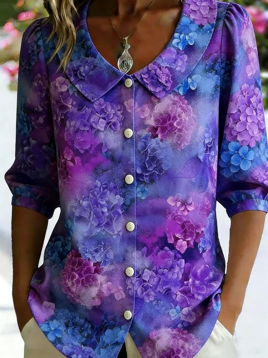 3D Printing Linen Blend Purple Floral Shawl Collar Button Loose Casual Shirt