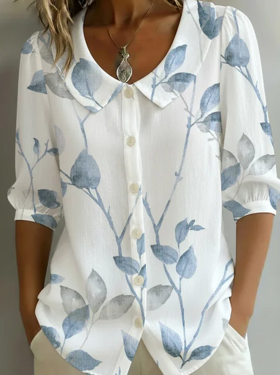 Women's Half Sleeve Shirt Summer White Floral Printing Shawl Collar Daily Going Out Casual Top