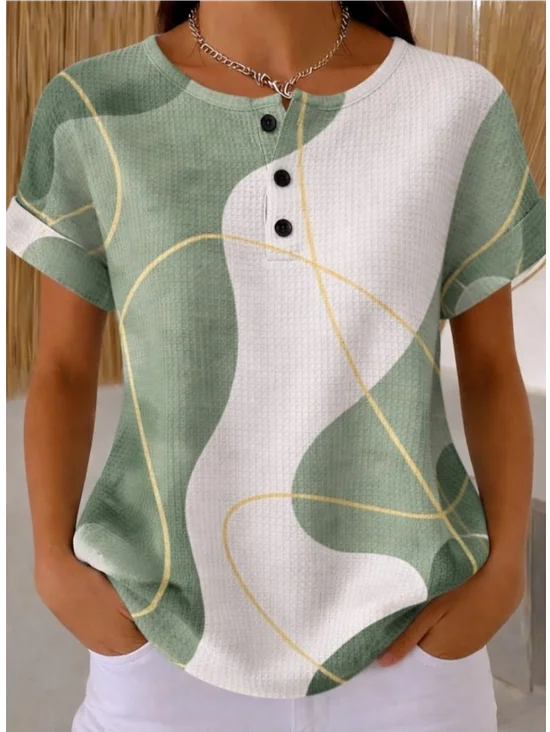 Women's Abstract Geometric Print Waffle Knit Henley Short Sleeve T-Shirt