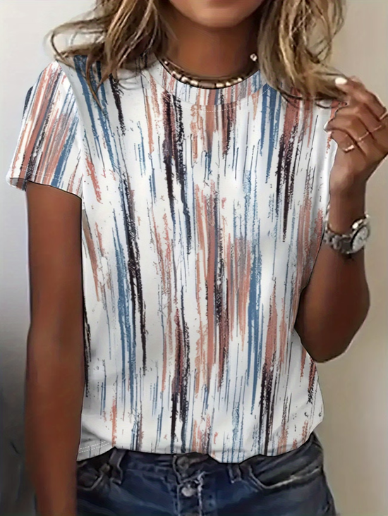Women's Short Sleeve T-shirt Summer White Abstract Stripes Printing Jersey Crew Neck Daily Going Out Casual Top