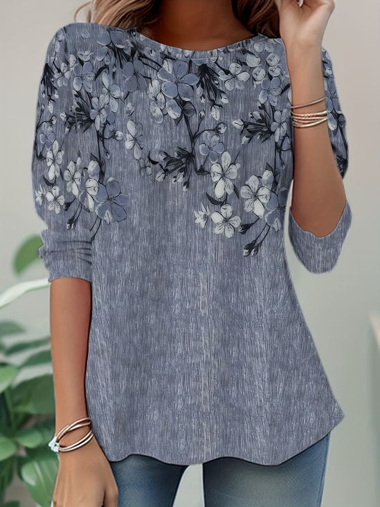 Women's Long Sleeve T-shirt Spring/Fall Gray Floral Jersey Crew Neck Daily Going Out Casual Top