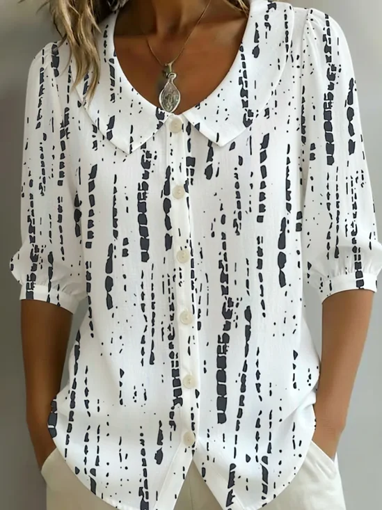 Women's Half Sleeve Shirt Summer White Abstract Printing Shawl Collar Daily Going Out Casual Top