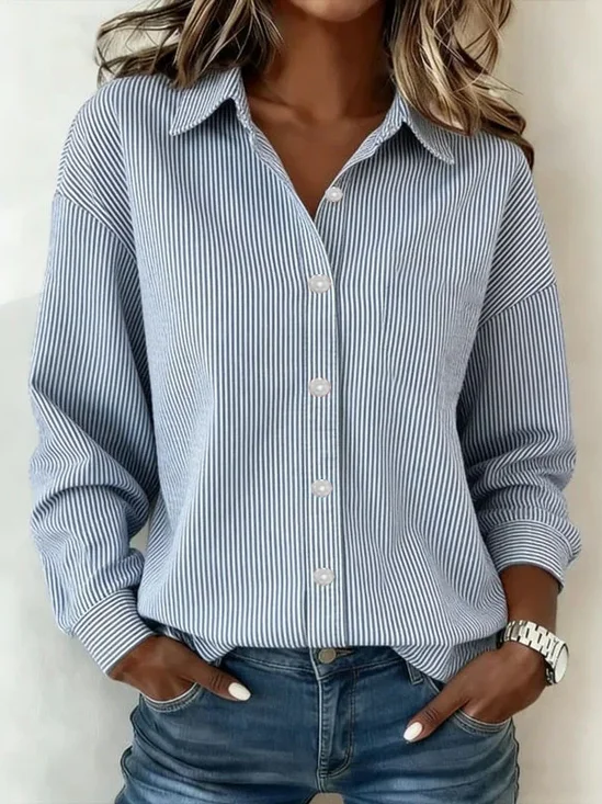 Women's Long Sleeve Shirt Spring/Fall Blue Striped Buckle Shirt Collar Daily Going Out Casual Top