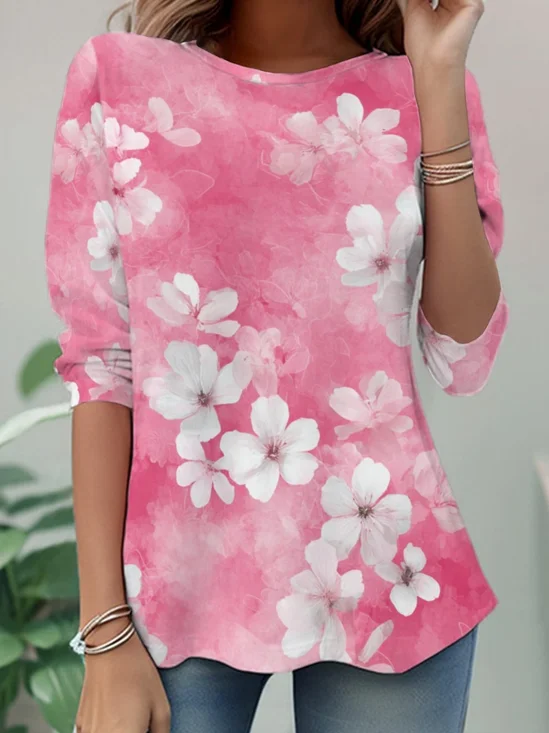Women's Long Sleeve T-shirt Spring/Fall Pink Floral Jersey Crew Neck Daily Going Out Casual Top
