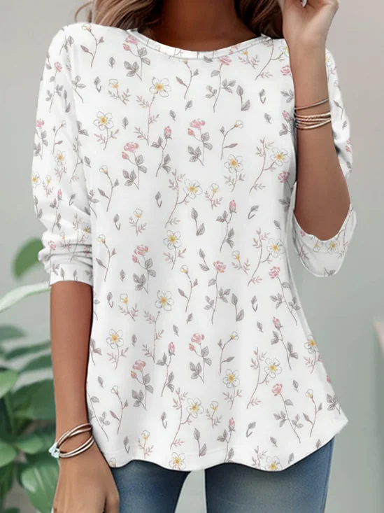 Women's Long Sleeve T-shirt Spring/Fall White Floral Jersey Crew Neck Daily Going Out Casual Top