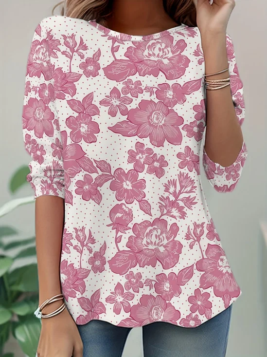 Women's Long Sleeve T-shirt Spring/Fall Pink Floral Jersey Crew Neck Daily Going Out Casual Top