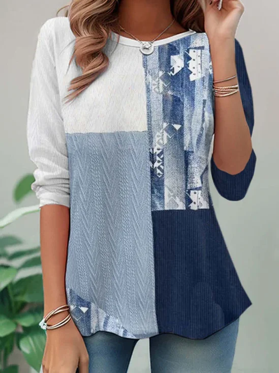 Women's Long Sleeve T-shirt Spring/Fall Blue Abstract Jersey Crew Neck Daily Going Out Casual Top