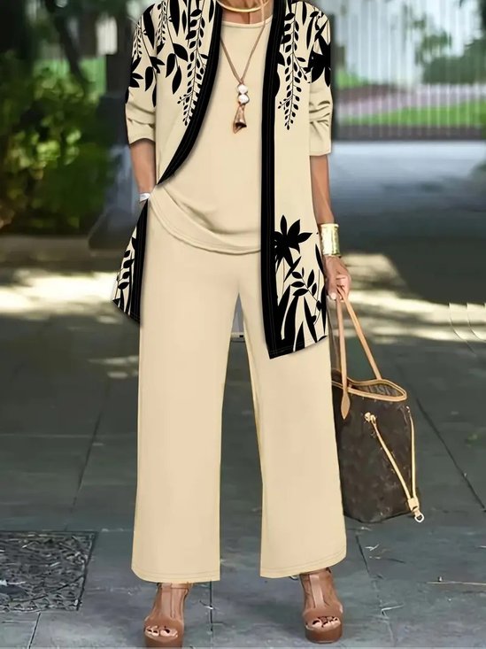 Elegant Botanical Pattern Crew Neck Loose Matching Outfit