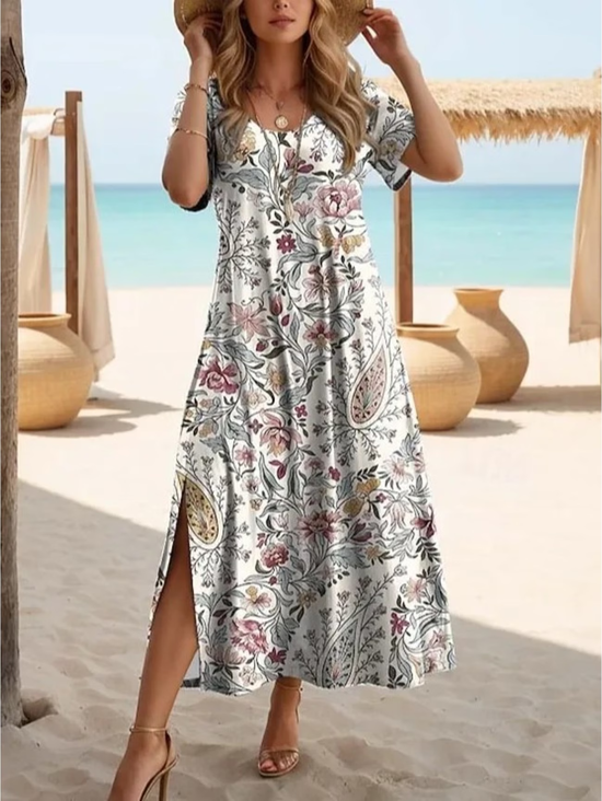 Women's Short Sleeve Summer White Paisley Printing Crew Neck Daily Going Out Casual Maxi H-Line T-Shirt Dress Dress