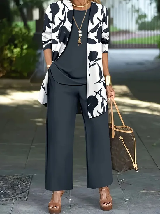 Elegant Floral Loose Crew Neck Matching Outfit