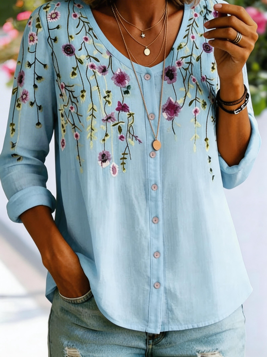 Women’s 3D Floral Print Button-Up Long Sleeve blouse