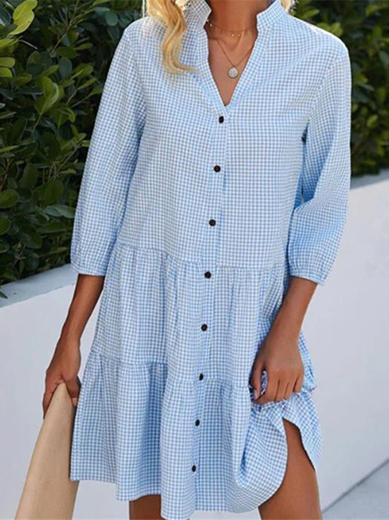 Plaid Mandarin Collar Shirt Dress with Half Sleeves