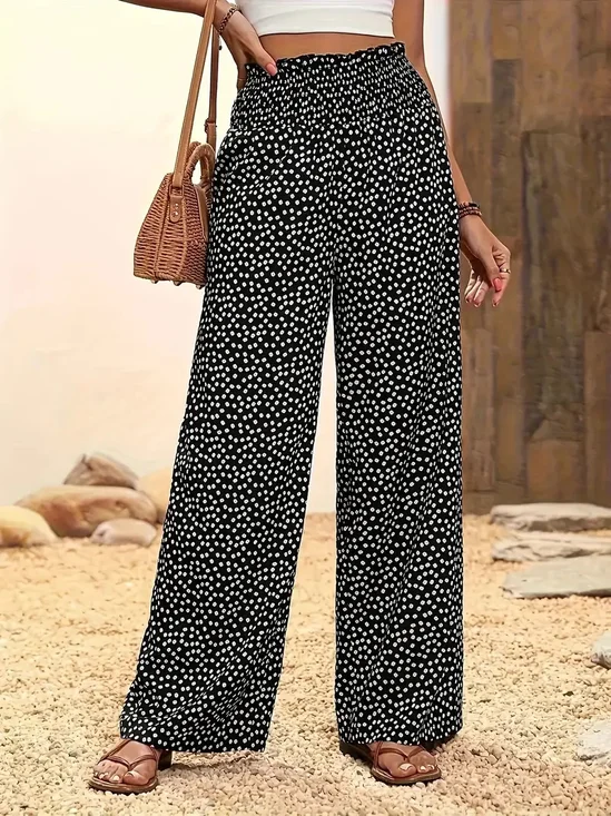 Women's  Elastic Waist H-Line Wide Leg Pants Daily Going Out Pants Black Casual Split Joint Polka Dots Spring/Fall Pants