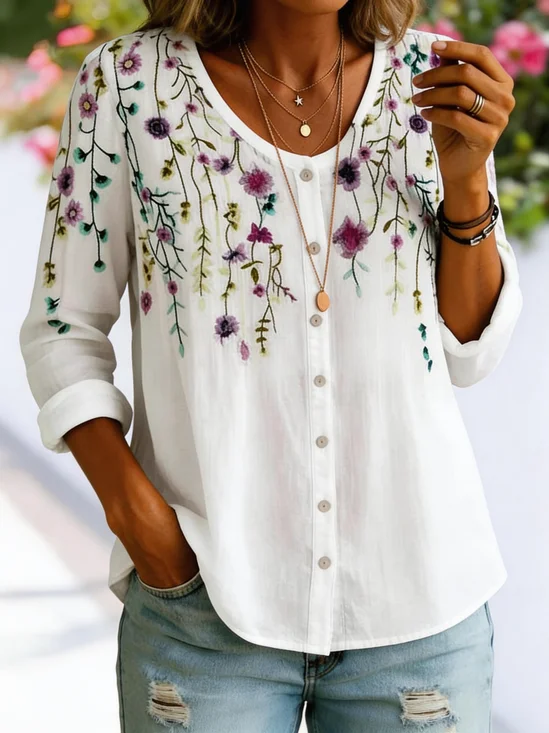 Women’s 3D Floral Print Button-Up Long Sleeve blouse
