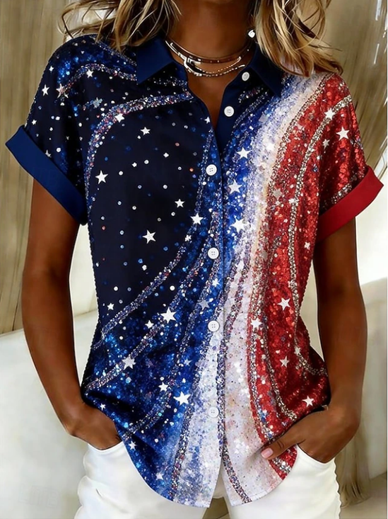 Women's Short Sleeve Shirt Summer As Picture Independence Day (Flag) Printing Shirt Collar Daily Going Out Casual Top