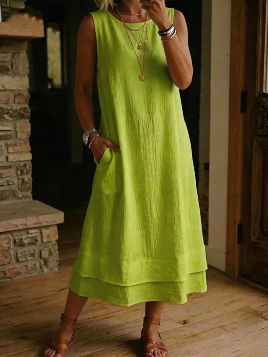 Cotton-Blend Plain Crew Neck Vintage Dress With No