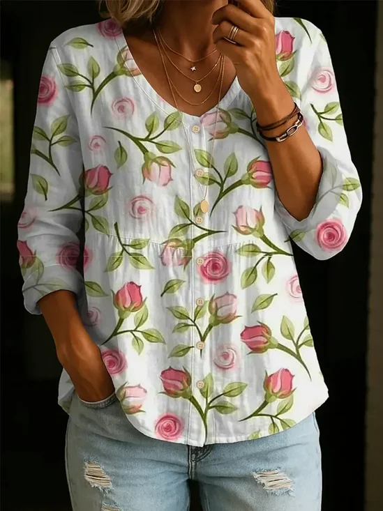 Women's Long Sleeve Blouse Spring/Fall White Floral Printing V Neck Daily Going Out Casual Top