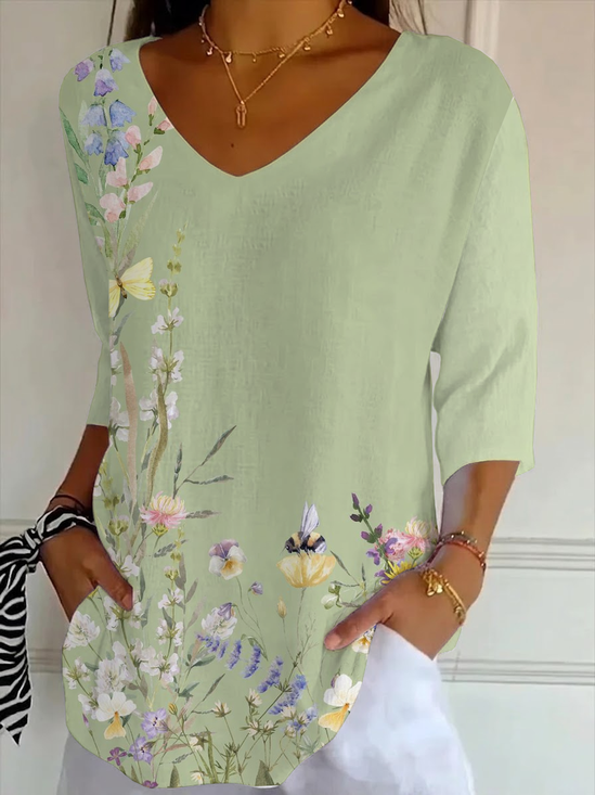 Women's Three Quarter Sleeve T-shirt Spring/Fall Green Floral Printing V Neck Daily Going Out Casual Top