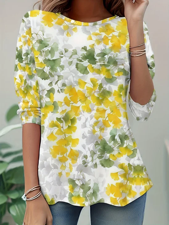 Women's Long Sleeve T-shirt Spring/Fall Yellow Floral Jersey Crew Neck Daily Going Out Casual Top