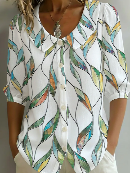 Women's Half Sleeve Shirt Summer White Abstract Printing Shawl Collar Daily Going Out Casual Top