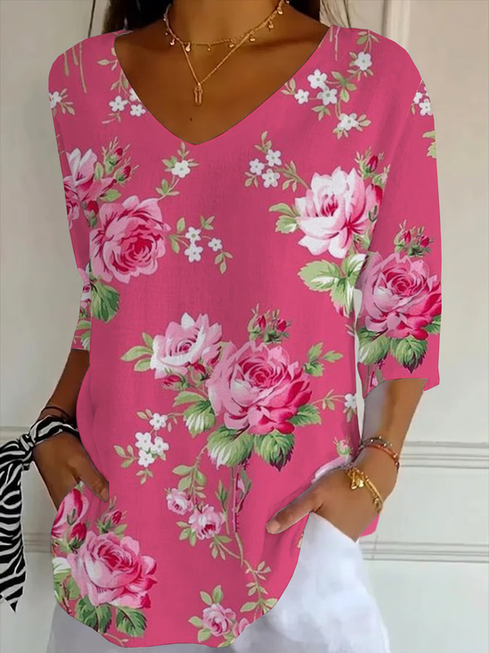 Women's Three Quarter Sleeve T-shirt Spring/Fall Pink Floral Printing V Neck Daily Going Out Casual Top