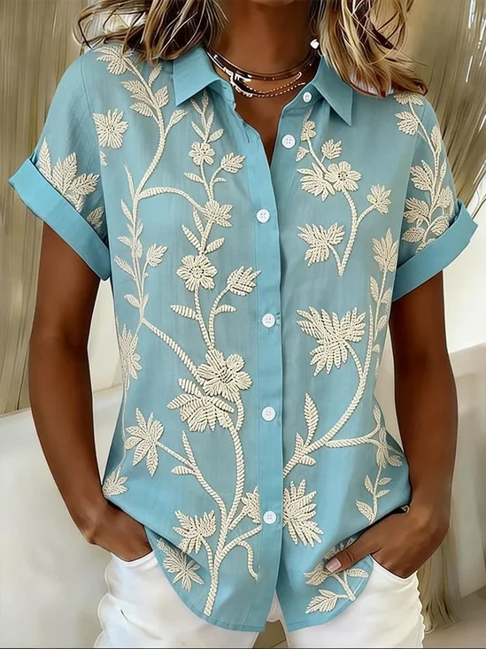 Women's Short Sleeve Shirt Summer Blue Floral Printing Shirt Collar Daily Going Out Casual Top