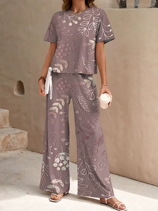 Abstract Floral Round Neck Short Sleeve Top With Elastic Waist Band Pants Casual Two-Piece Set