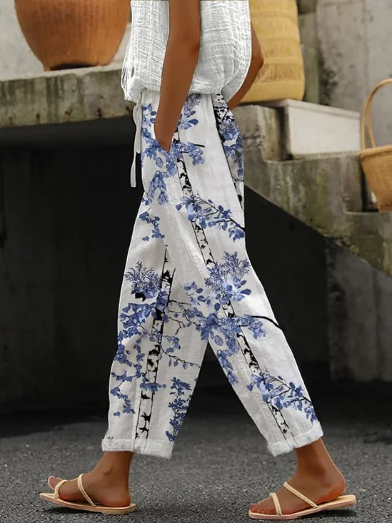 Women's  H-Line Baggy Pants Daily Going Out Pants White Casual Printing Floral Spring/Fall Pants