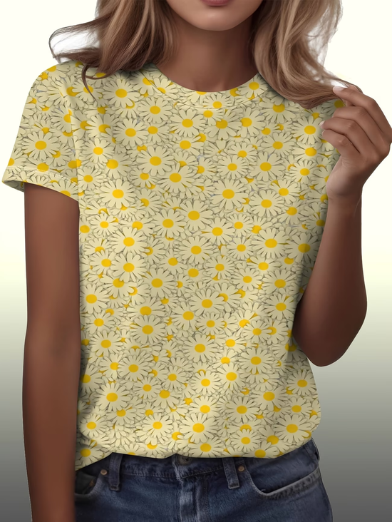 Women's Short Sleeve T-shirt Summer Yellow Floral Printing Jersey Crew Neck Daily Going Out Casual Top