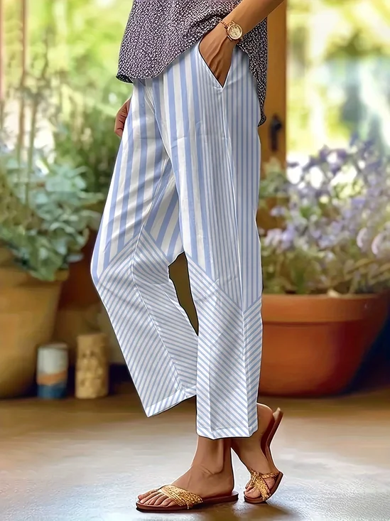Women's H-Line Baggy Pants Summer Daily Going Out Pants Blue Casual Printing Stripe Spring/Fall Pants