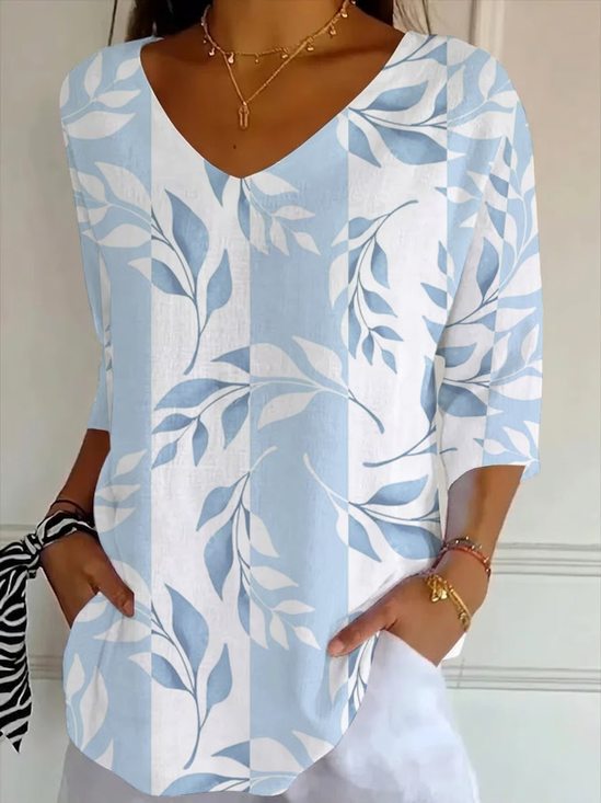Women's Three Quarter Sleeve T-shirt Spring/Fall Blue Floral Printing V Neck Daily Going Out Casual Top