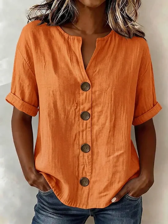 Women's Button-Down Shirt — 3/4-Sleeve V-Neck Cotton-Linen Top | Stylish Buttoned Casual Shirt